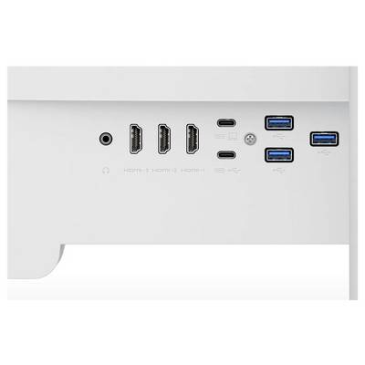 Nahaufnahme der Rückseite eines Monitors mit Anschlüssen: drei HDMI-Ports, zwei USB-C-Anschlüsse, vier USB-A-Ports und einen Audioeingang, die die Konnektivitätsoptionen betonen.