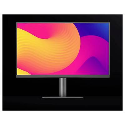 Ein schlanker Computermonitor mit einem lebendigen, farbenfrohen abstrakten Hintergrund in Nuancen von Rosa, Gelb und Blau vor einem schwarzen Hintergrund.