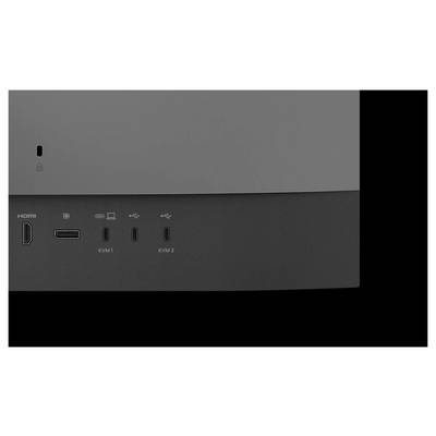 Das Bild zeigt einen Abschnitt eines Geräts mit verschiedenen Anschlüssen, die auf einem dunklen Hintergrund als HDMI, DisplayPort, KVM1 und KVM2 gekennzeichnet sind.