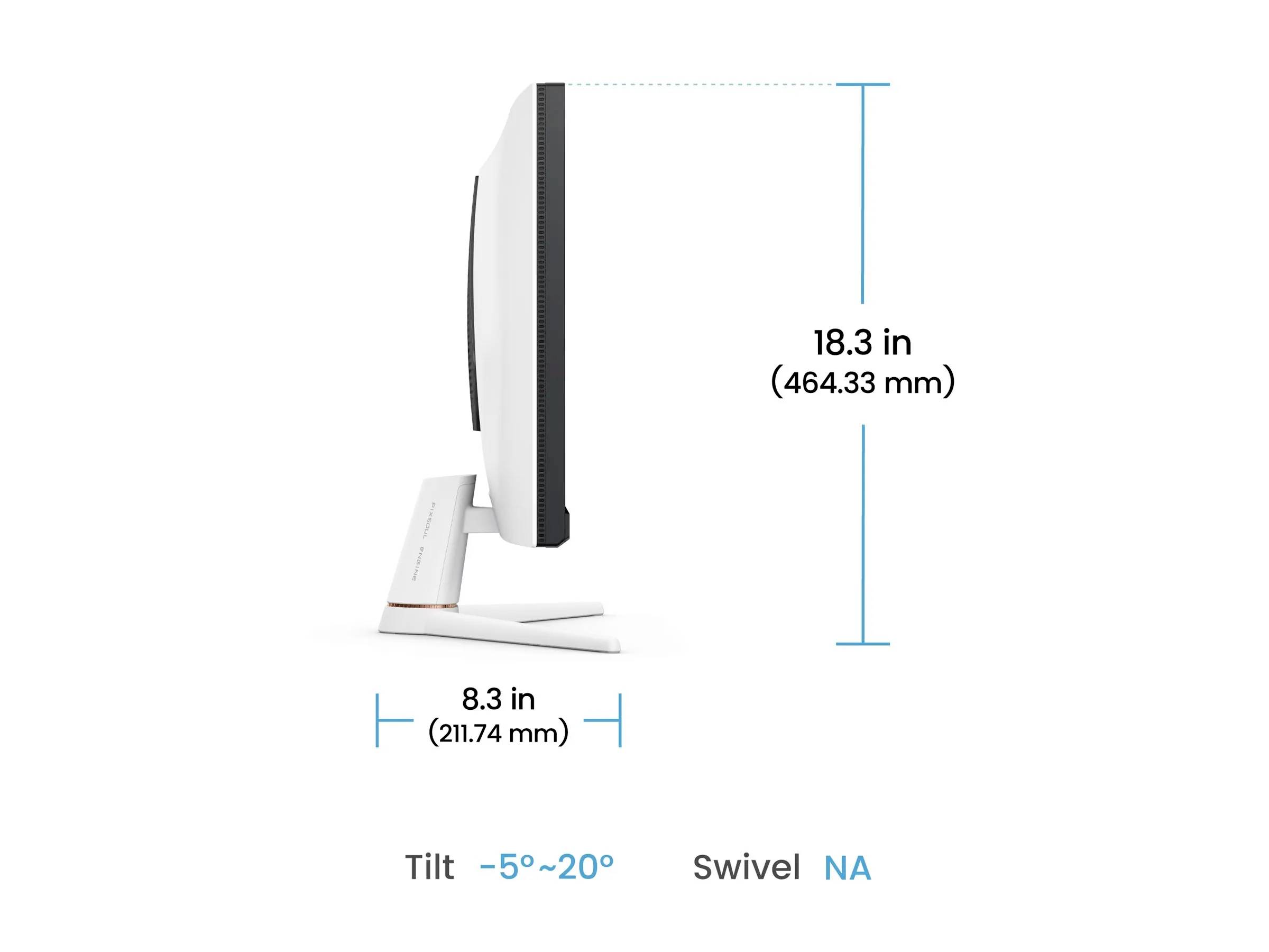 Seitenansicht eines Computermonitors mit Abmessungen: Höhe 18,3 Zoll (464,33 mm), Tiefe 8,3 Zoll (211,74 mm), Neigungsbereich -5° bis 20°. Keine Schwenkfunktion.