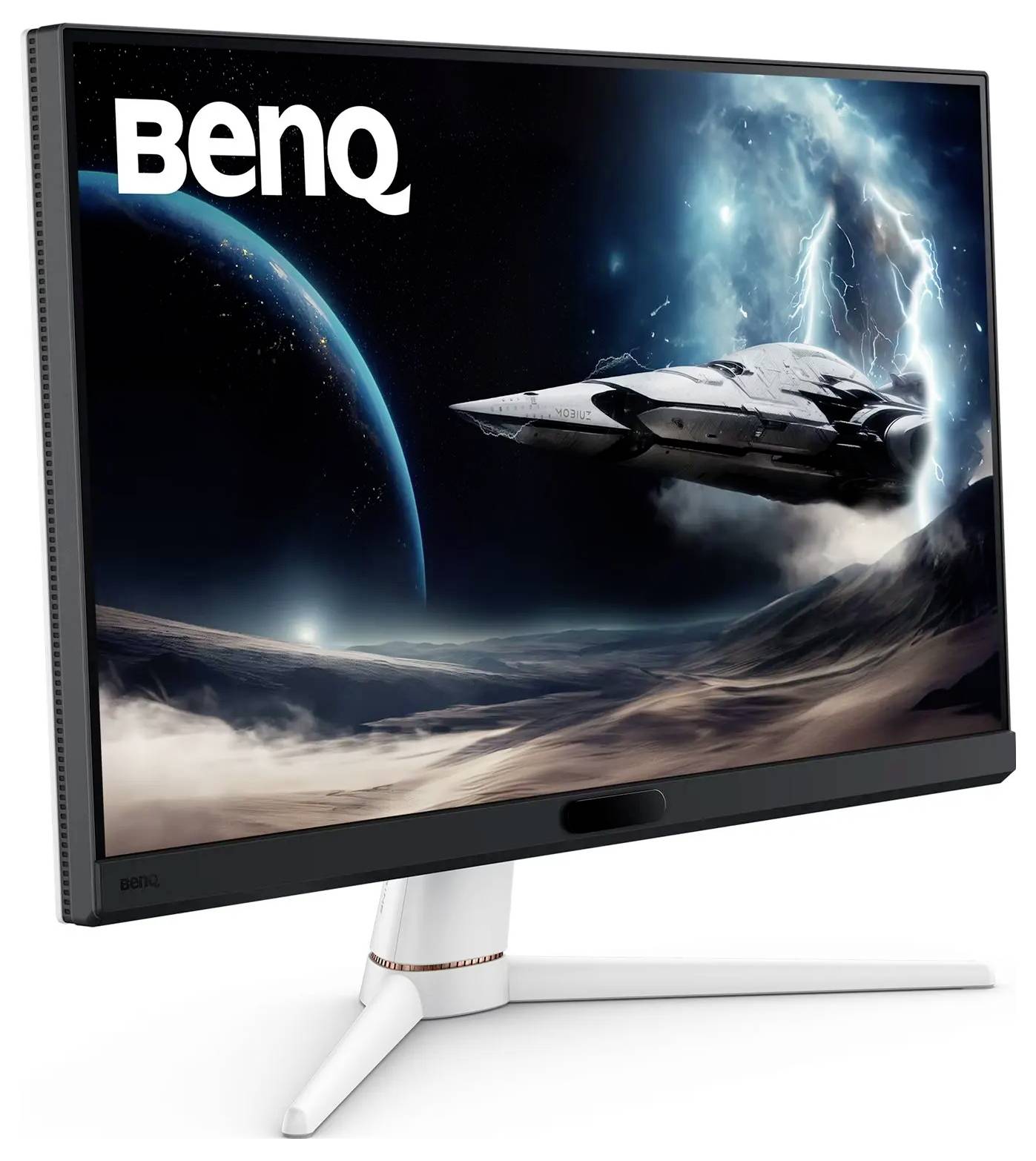 Ein BenQ-Computermonitor zeigt ein weltraumthematisches Bild mit einem futuristischen Raumschiff und planetarischer Kulisse.