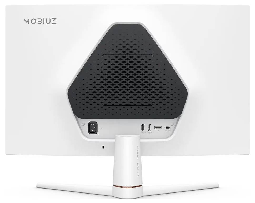 Das Bild zeigt die Rückseite eines weißen MOBIUZ-Computermonitors mit mehreren Anschlüssen und einer Einschalttaste. Der Monitor hat ein modernes, dreieckiges Design.