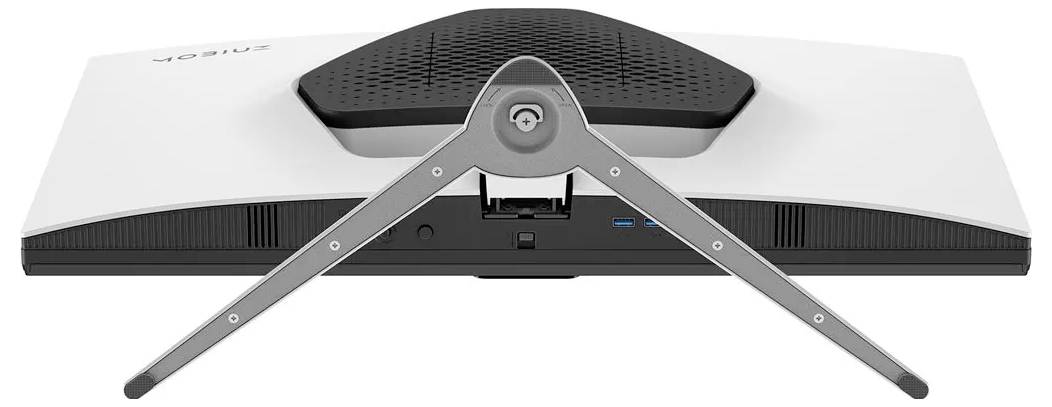 Rückansicht eines weißen Samsung-Ultrawide-Monitors mit Ständer, der die Anschlussports auf dem Rückenpanel zeigt.