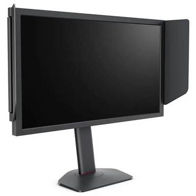 Ein dunkel gefärbter Computermonitor mit einem Sichtschutzfilter, der an den Seiten und oben angebracht ist. Er steht auf einem schwarzen Ständer und ist leicht nach links ausgerichtet.