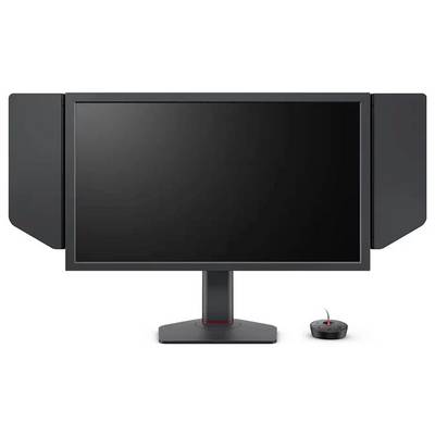 Ein schwarzer Computermonitor mit seitlichen Blendschutzblenden und einem separaten, kabelbundenem Bediengerät davor, verwendet zur Reduzierung von Blendung und Farbkalibrierung.