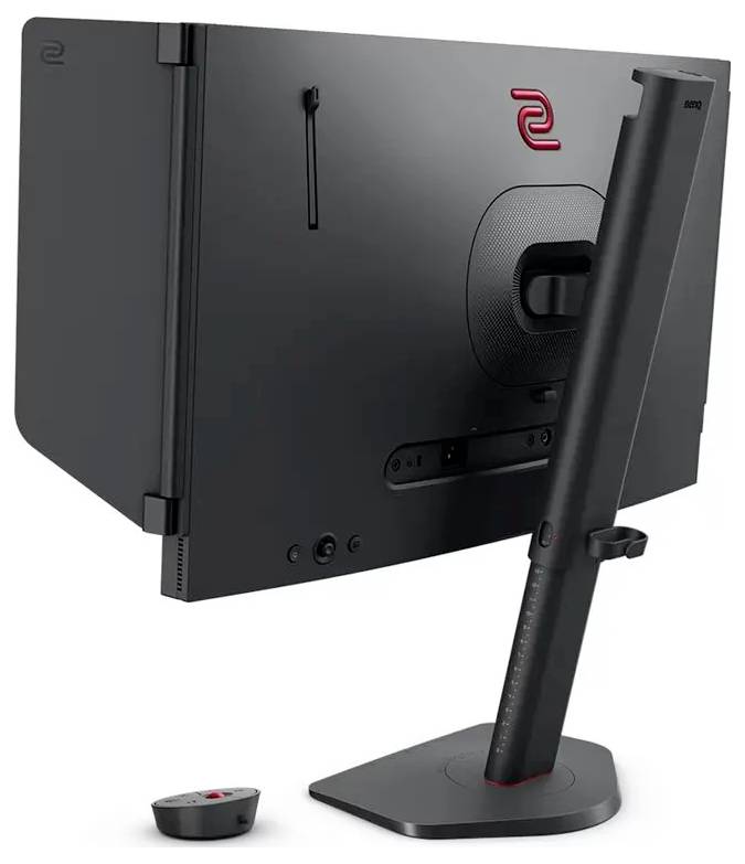 Ein schwarzer Gaming-Monitor mit einem roten Logo auf der Rückseite, von hinten gezeigt. Der Ständer ist verstellbar, und ein kleines Steuergerät befindet sich in der Nähe.