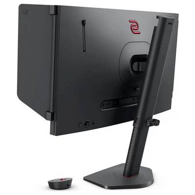 Ein schwarzer Gaming-Monitor mit einem roten Logo auf der Rückseite, von hinten gezeigt. Der Ständer ist verstellbar, und ein kleines Steuergerät befindet sich in der Nähe.