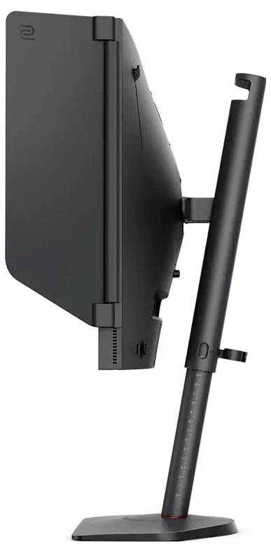 Seitenansicht eines schwarzen Computermonitors mit einem schlanken Ständer, der ein minimalistisches Design mit Betonung auf Verstellbarkeit und Platzersparnis aufweist.