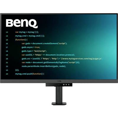 Ein Computermonitor, der einen Code-Editor mit JavaScript-Code auf einem blau-grünen Hintergrund zeigt. Der Monitor trägt die Marke 'BenQ'.
