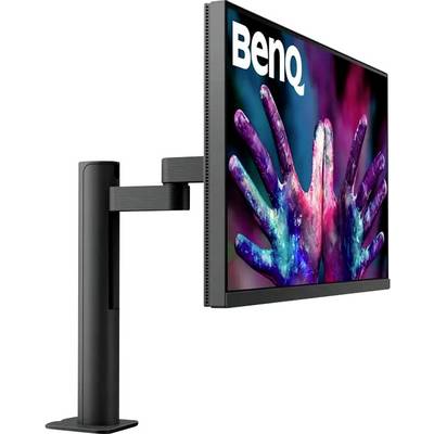 Ein Computermonitor, der farbenfrohe Handabdrücke auf dem Bildschirm zeigt, ist auf einem schwarzen verstellbaren Ständer montiert. Der Markenname 'BenQ' erscheint in der Ecke.