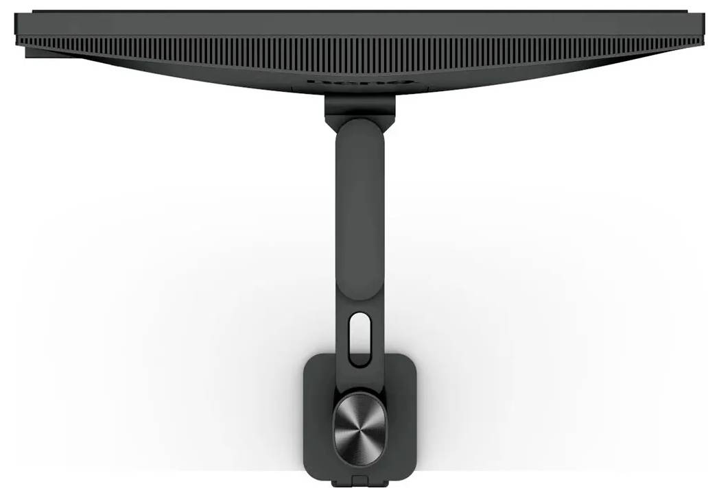 Luftaufnahme eines geschwungenen Computermonitors mit einem eleganten Ständer, die die Rück- und Ständergestaltung zeigt und den modernen und minimalistischen Look betont.