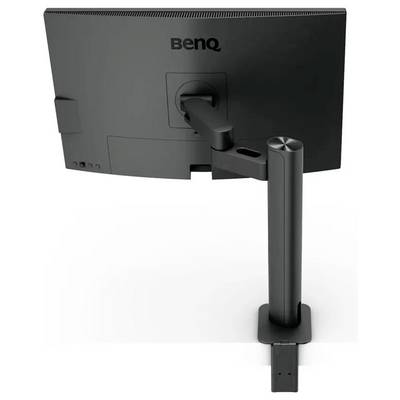 Ein schwarzer BenQ-Monitor, von hinten betrachtet, montiert auf einem verstellbaren Ständer mit schlankem, minimalistischem Design.