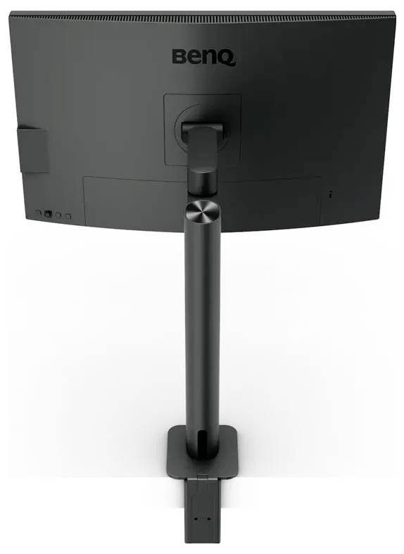 Ein schwarzer BenQ-Monitor, von hinten gesehen, mit einem hohen, verstellbaren Ständer und einer geschwungenen Rückenkontur.