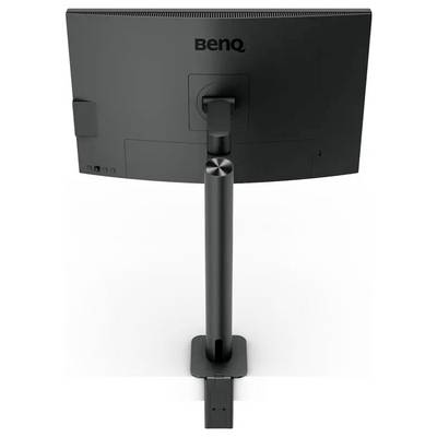 Ein schwarzer BenQ-Monitor, von hinten gesehen, mit einem hohen, verstellbaren Ständer und einer geschwungenen Rückenkontur.