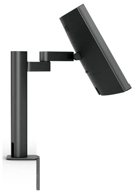 Ein schwarzer, verstellbarer Monitorarm hält einen Bildschirm in einem Winkel und hebt dessen ergonomisches Design für flexible Positionierung hervor.