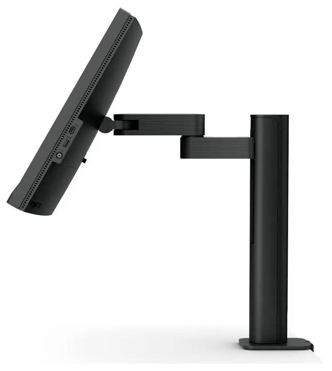 Eine Seitenansicht eines Computermonitors, der auf einem verstellbaren Monitorarm montiert ist und in einer ergonomischen Hochkantposition steht.