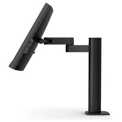 Eine Seitenansicht eines Computermonitors, der auf einem verstellbaren Monitorarm montiert ist und in einer ergonomischen Hochkantposition steht.