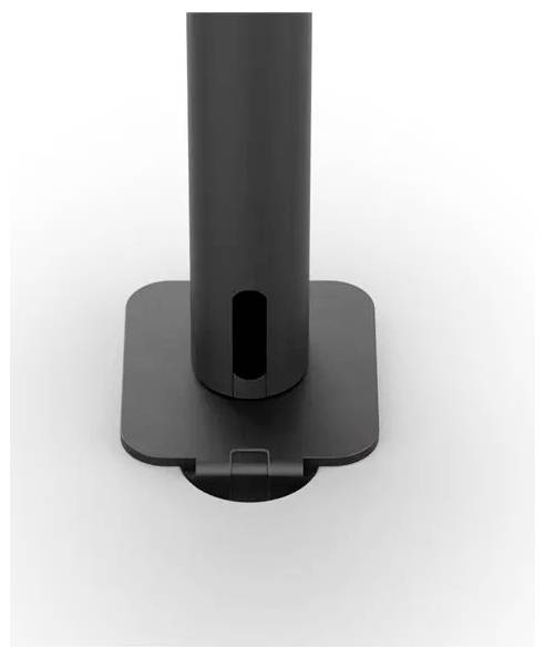 Ein schwarzer, rechteckiger Monitorständer mit einem zentralen Kabelmanagement-Schlitz, von oben auf einem weißen Hintergrund betrachtet.