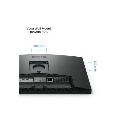 Das Bild zeigt die Rückseite eines Monitors, auf der der Hinweis "Vesa Wall Mount 100x100 mm" hervorgehoben ist, mit Pfeilen, die die Halterungsabmessungen anzeigen.