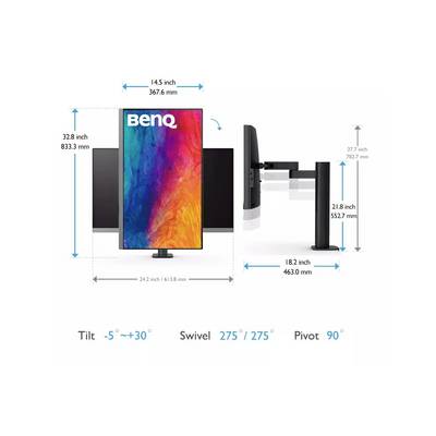 Ein bunter Monitor mit der Bezeichnung "BenQ" mit folgenden Abmessungen: Höhe 32,8 Zoll, Breite 14,5 Zoll. Der Ständer ermöglicht Neige-, Schwenk- und Dreheinstellungen.