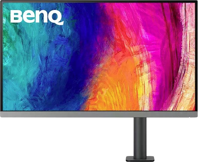 Ein Computermonitor, der ein lebendiges abstraktes Design mit wirbelnden Farben in Blau, Pink und Orange zeigt, mit 'BenQ' in der oberen linken Ecke.