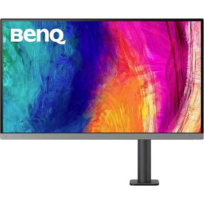 Ein Computermonitor, der ein lebendiges abstraktes Design mit wirbelnden Farben in Blau, Pink und Orange zeigt, mit 'BenQ' in der oberen linken Ecke.
