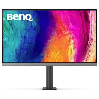 Ein farbenfroher Computermonitor mit einer lebhaften abstrakten Darstellung, der kühne Wirbel in Blau, Pink und Orange zeigt. Der Bildschirm trägt das 'BenQ' Logo.