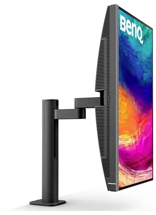 BenQ-Monitor von der Seite, mit elegantem, verstellbarem Ständer und farbenfroher Anzeige.