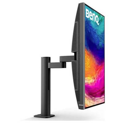 BenQ-Monitor von der Seite, mit elegantem, verstellbarem Ständer und farbenfroher Anzeige.