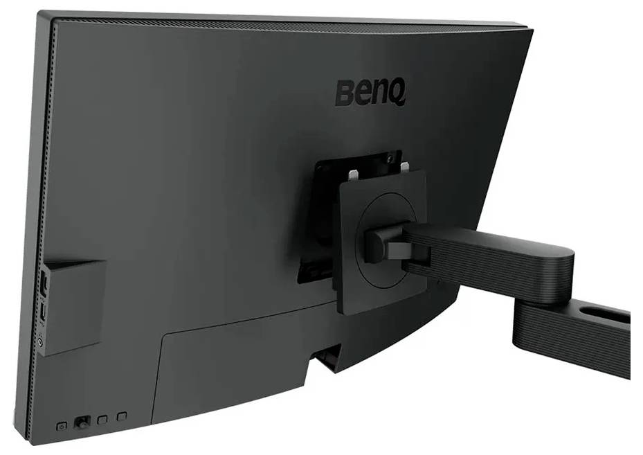 Rückansicht eines BenQ-Computermonitors auf einem verstellbaren Ständer, die die Anschlüsse und das elegante schwarze Design zeigt.