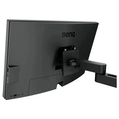 Rückansicht eines BenQ-Computermonitors auf einem verstellbaren Ständer, die die Anschlüsse und das elegante schwarze Design zeigt.