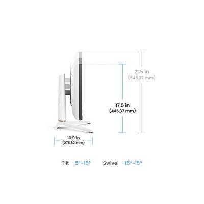 Seitenansicht-Diagramm eines Monitors mit Abmessungen: Höhe 17,5 Zoll, Tiefe 10,9 Zoll und Neige-/Schwenkbereich von -15° bis 15°.