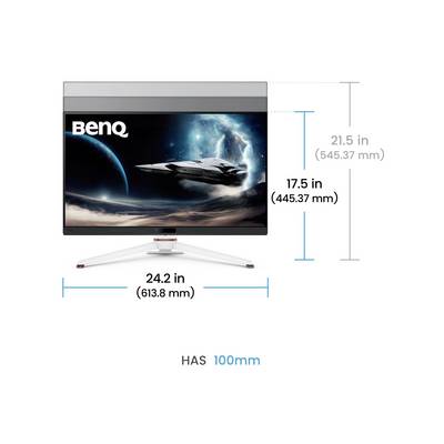 BenQ-Monitor, der eine Weltraumszene zeigt; Abmessungen: 24,2 Zoll (613,8 mm) Breite, 17,5 Zoll (445,37 mm) Höhe. Basis mit 100 mm Neigung.