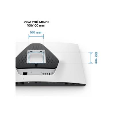 Rückansicht eines Monitors mit einer VESA-Wandhalterung, deren Abmessungen als 100x100 mm gekennzeichnet sind und den Befestigungsbereich angeben.