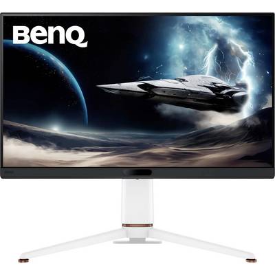 Ein BenQ-Monitor zeigt eine Science-Fiction-Szene mit einem Raumschiff, das über die Oberfläche eines Planeten fliegt, mit Blitzen und einem fernen blauen Planeten im Hintergrund.