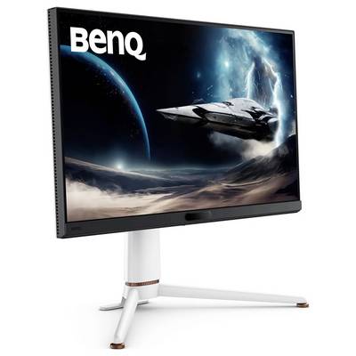 BenQ-Monitor auf einem Ständer, der eine futuristische Raumszene mit einem Raumschiff und Planeten zeigt.