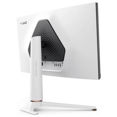 Ein weißer Monitor, von hinten betrachtet, mit Anschlüssen und neigbarem Ständer, auf dem in der oberen linken Ecke die Marke 'Mobiuz' angebracht ist.