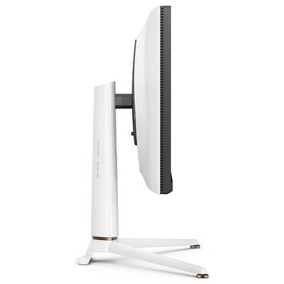 Eine Seitenansicht eines eleganten, modernen Computermonitors mit schmaler Einfassung auf einem minimalistischen Ständer. Das Design ist schlicht und ergonomisch.