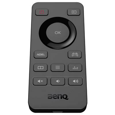 Eine schwarze BenQ-Fernbedienung mit Tasten für Ein/Aus, HDRi, Spielmodus, Lautstärke und Menünavigation.