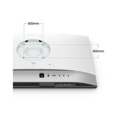 Rückansicht eines Monitors mit einem 100mm x 100mm VESA-Befestigungsmuster, bei dem Anschlüsse und ein Einschaltknopf entlang der unteren Kante sichtbar sind.