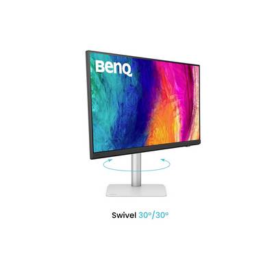 BenQ-Monitor mit lebendigen Displayfarben, zeigt einen Schwenkwinkel von 30 Grad nach links und rechts.