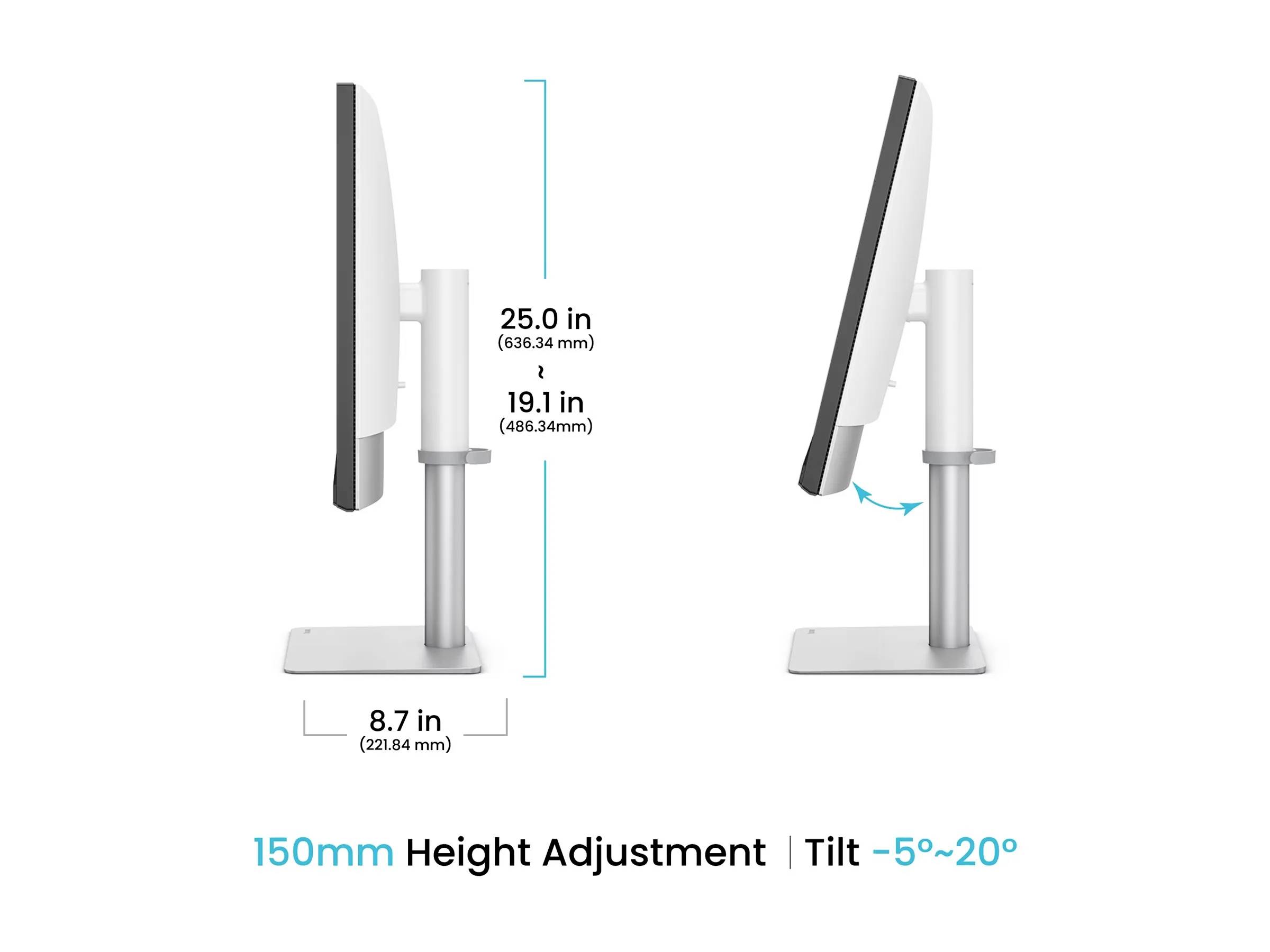 Monitor mit verstellbarem Ständer, der eine vertikale Höhenverstellung von 19,1 cm bis 25,0 cm und einen Neigungswinkel von -5° bis 20° zeigt.