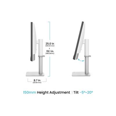 Monitor mit verstellbarem Ständer, der eine vertikale Höhenverstellung von 19,1 cm bis 25,0 cm und einen Neigungswinkel von -5° bis 20° zeigt.