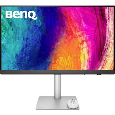 Ein BenQ-Monitor, der ein lebendiges abstraktes Design mit Wirbeln in Blau, Pink, Orange und Rot zeigt.