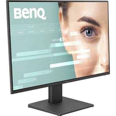 Ein Computer-Monitor mit einer Seitenansicht zeigt ein Frauenauge und digitale Diagramme, was einen Fokus auf Technologie und Benutzeroberfläche andeutet.