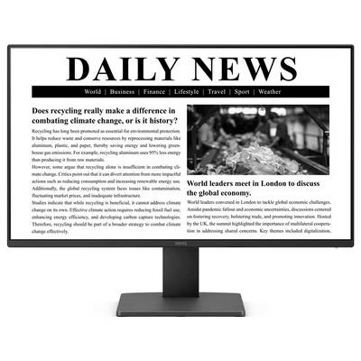 Ein Computerbildschirm, der einen Artikel mit der Überschrift „Tägliche Nachrichten" anzeigt. Links: „Macht Recycling einen Unterschied beim Klimawandel?" Rechts: „Weltführer treffen sich in London, um die globale Wirtschaft zu besprechen."