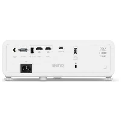 Die Rückansicht eines BenQ-Projektors mit verschiedenen Anschlüssen, darunter HDMI, USB, RS-232 und Audioausgang, sowie Leistungs- und Modellinformationen.