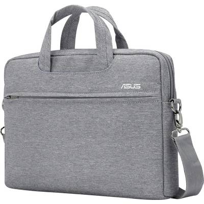 Eine graue Laptoptasche mit einer vorderen Reißverschlusstasche, Tragegriffen oben und einem verstellbaren Schultergurt, mit einem Asus-Logo an der Vorderseite.