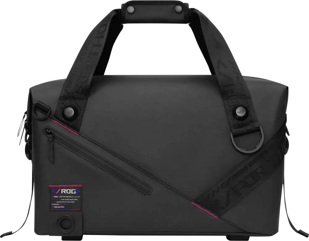 Ein schwarzer, rechteckiger Gaming-Rucksack mit verstellbaren Schultergurten, Reißverschlusstaschen und seitlichem Logo, entwickelt zum Transport von Technikausrüstung.