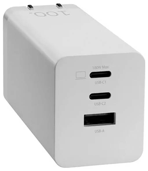 Ein weißer Netzteil-Adapter mit drei Anschlüssen: USB-C1 (100W Max), USB-C2 und USB-A. Entwickelt zum Aufladen elektronischer Geräte.